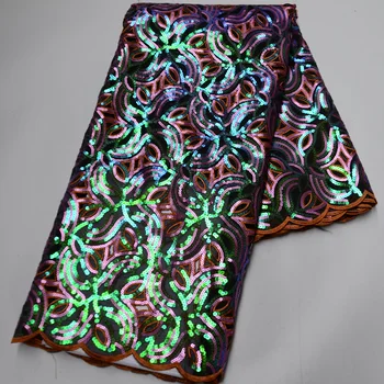 (5 metrów/szt) Olśniewające kolorowe cekiny, haftowane afrykańskiej koronki tkaniny organzy ręcznie, Najnowszy projekt dla atrakcyjnego sukienki OP165