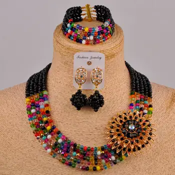 czarny, wielokolorowy kryształ zroszony naszyjnik garnitur afryki zestaw biżuterii 5SZ-012