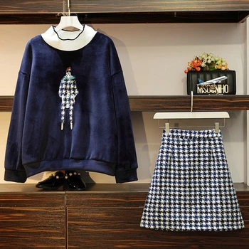 Moda 2021 roku, Nowy Wolny Velvet Sweter z Haftem +, Cienka komórkowa Wełniana spódnica, Garnitur z dwóch przedmiotów, Bezpłatna Wysyłka