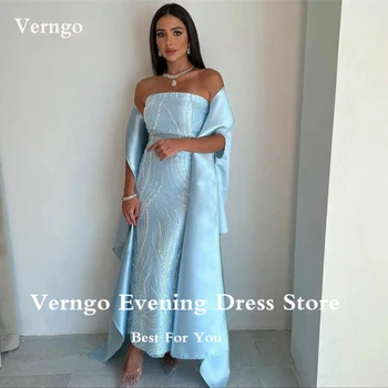 Verngo Eleganckie Sky-Niebieskie Koronkowe Sukienki Z Długimi Ramiączkami O Długości Do Kostki, Sukienki Na Studniówkę, Saudyjski Arabski Strój Wieczorowy